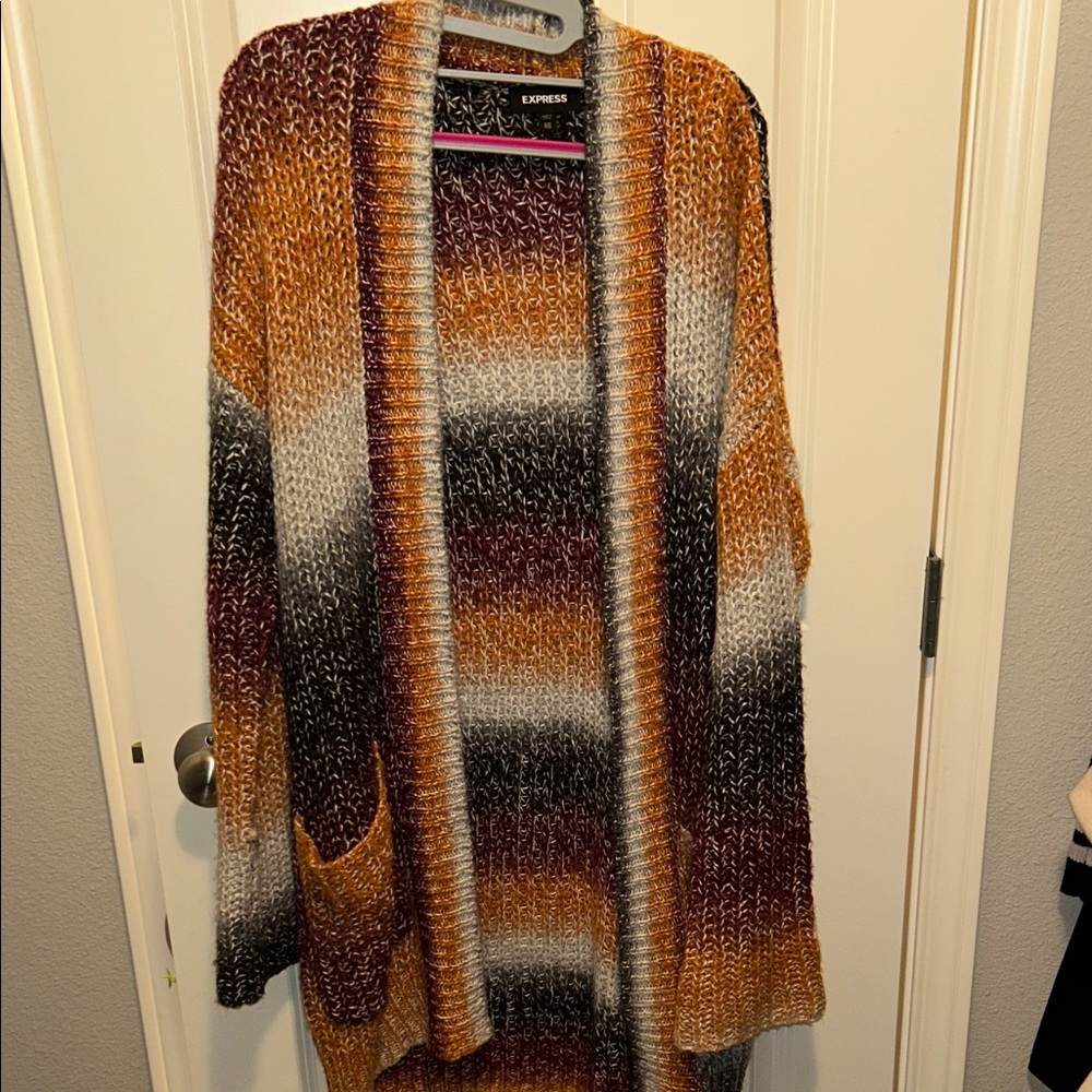 Express Women's Striped Cardigan in Brown, Gray, and Cream